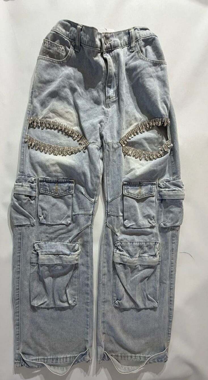 Brittany Marche Rhinestone Cargo Jeans Blue Denim Cutout Size S